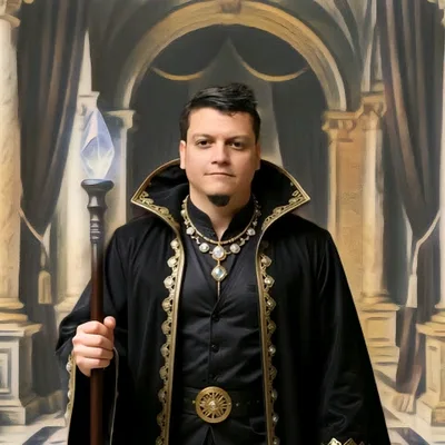 Myco Honess in his wizard's robes, staff in hand