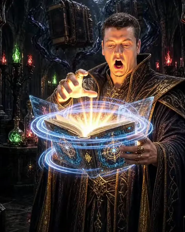 Myco Honess opening a glowing spellbook ringed with blue light