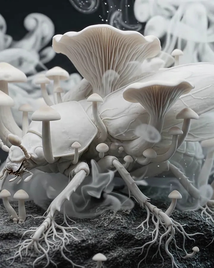 A white beetle on black rock sprouting pale mushrooms and threads of mycelium
