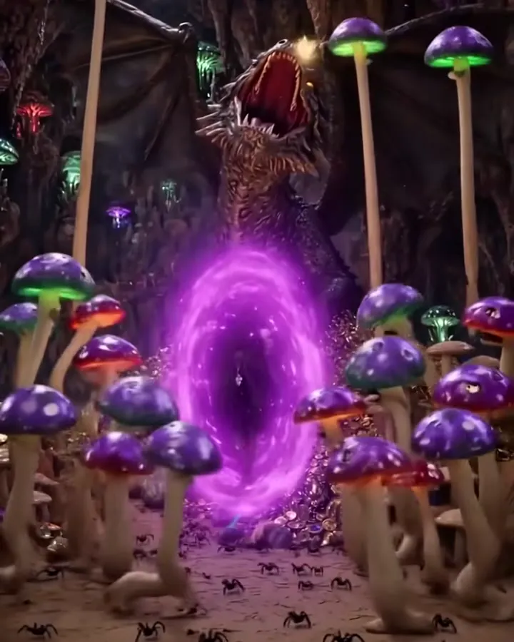 A violet portal blazing open in a cave of glowing purple and red mushrooms