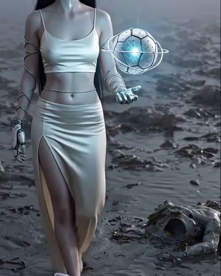 A pale woman in a white dress walking the mudflats with a glowing blue orb